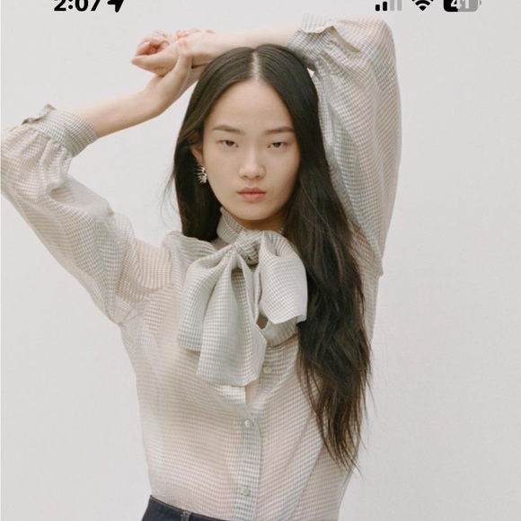 Zara Tops - Zara Checkered Blouse with Bow - Gray and White